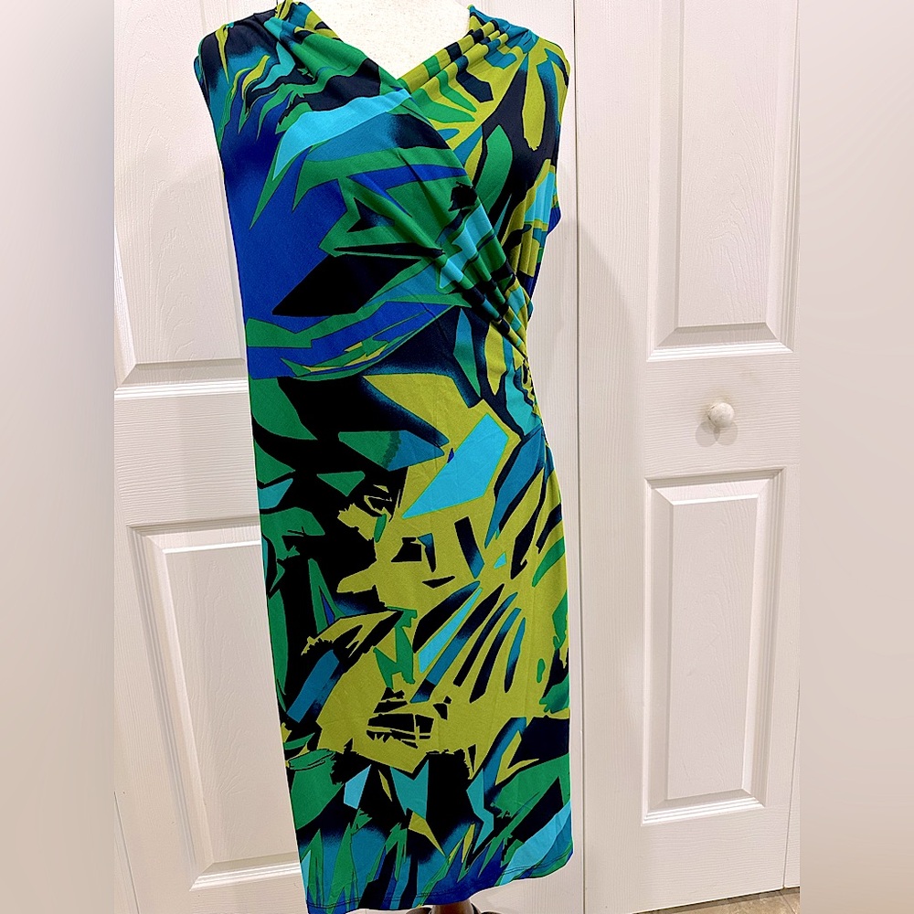Vibrant Blue and Green Abstract Print Kasper Dress (Size M)